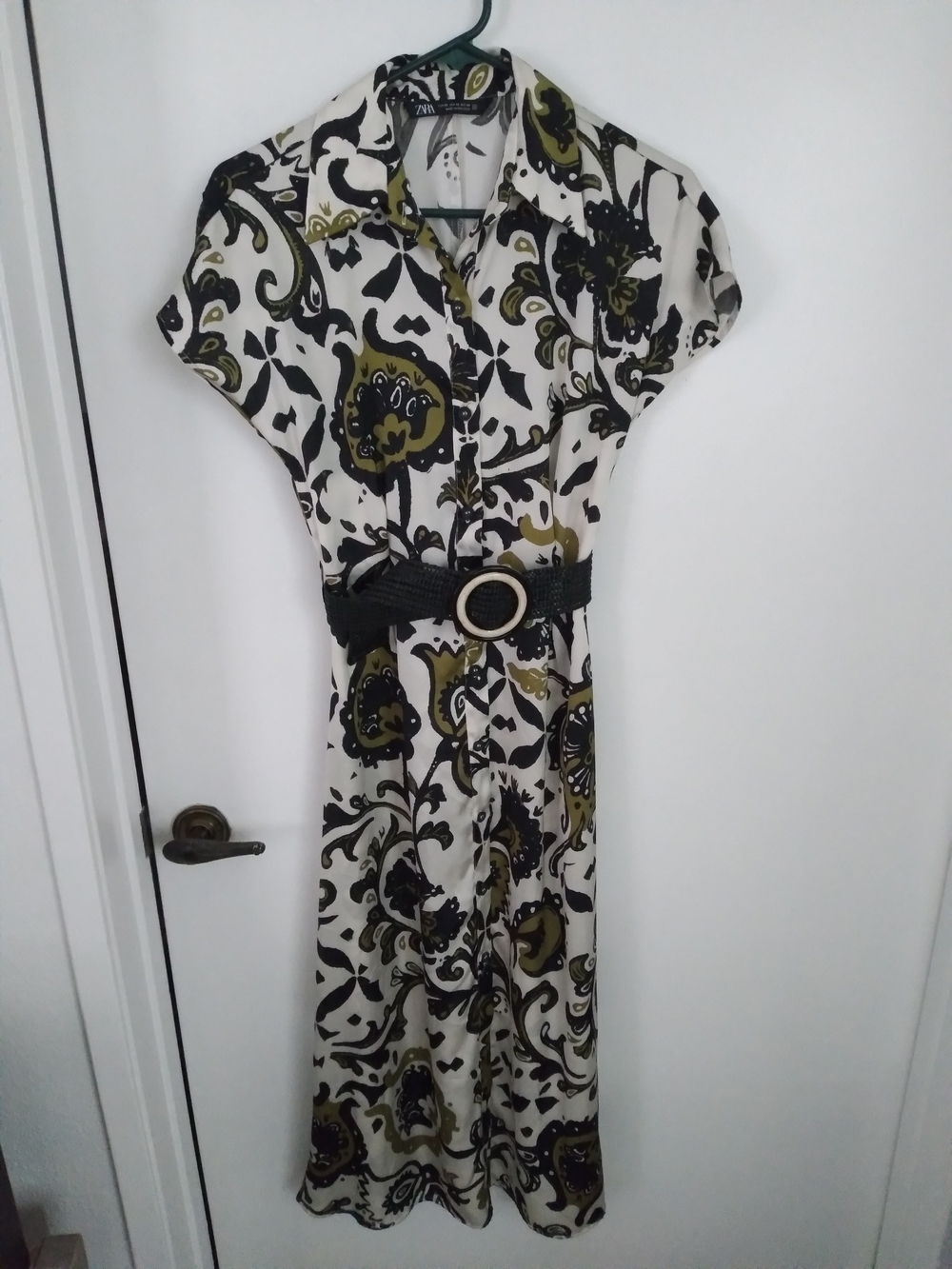 Zara Black & Olive Floral Midi Dress with Belt